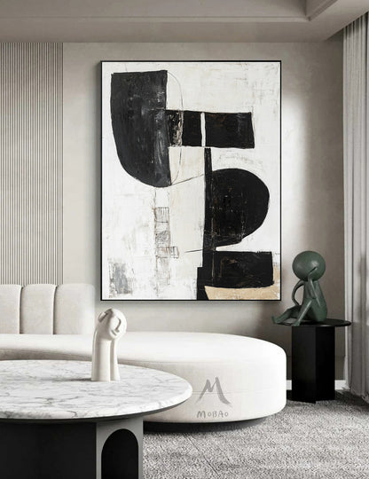 White Minimalist Painting, Black and White Abstract Painting Minimalist Art, Modern Wall Art Decor, Original Textured Painting On Canvas