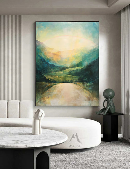 Green canvas painting, green abstract art, yellow minimalist painting, golden wall art, green canvas wall art, large green abstract painting