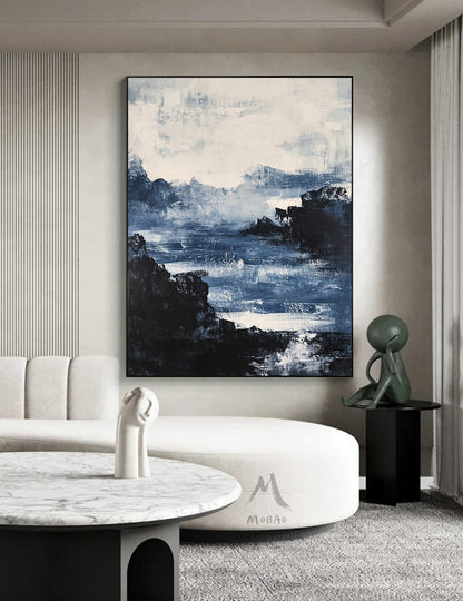 Large black 3D minimalist painting, white texture painting, blue painting, black 3D texture painting, white modern abstraction.
