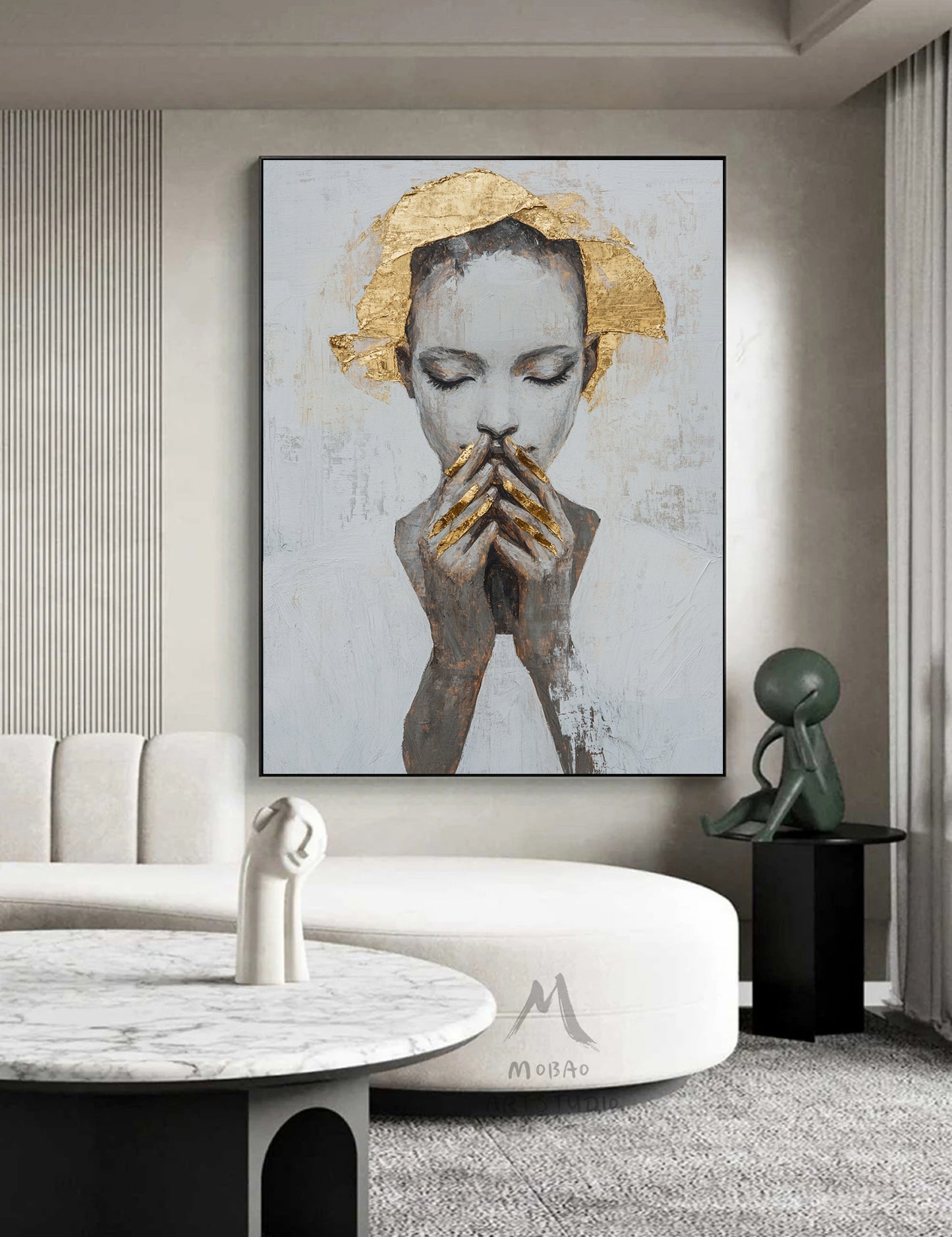 Large portrait large muscle bottom, white textured painting, black abstract painting, golden textured painting, white modern abstract painting. Golden abstract painting