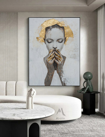 Large portrait large muscle bottom, white textured painting, black abstract painting, golden textured painting, white modern abstract painting. Golden abstract painting