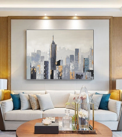 Large Wall City oil painting, Large Abstract Painting, New York skyline city art painting on Canvas,City architecture landscape oil painting