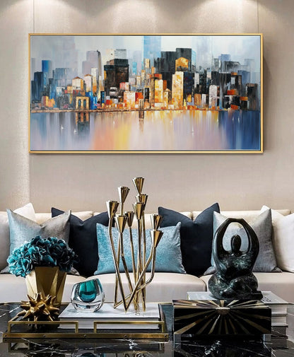 Large City art abstract painting, Large wall art oil painting, Future New York City Landscape Knife painting, Original city art oil painting