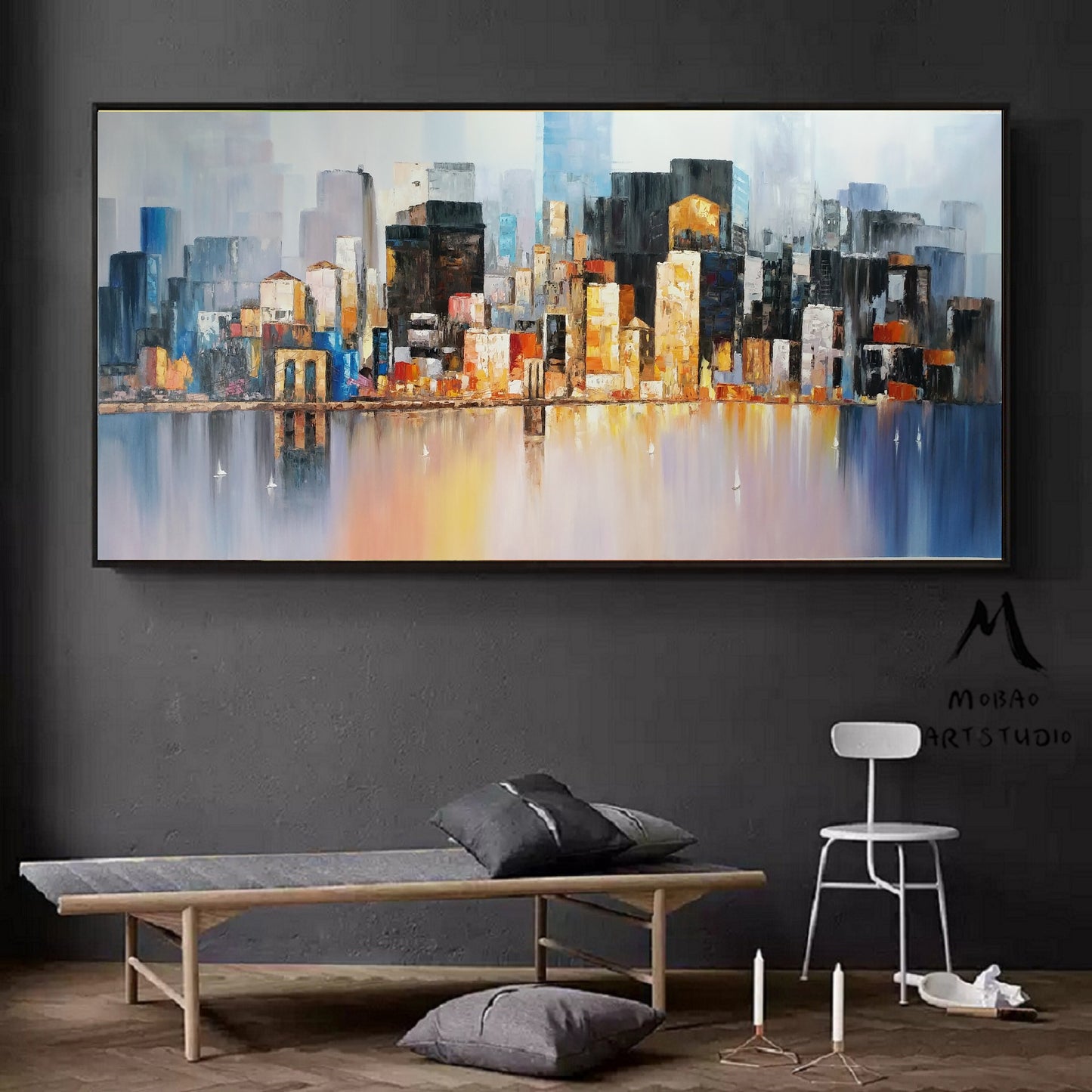 Large City art abstract painting, Large wall art oil painting, Future New York City Landscape Knife painting, Original city art oil painting