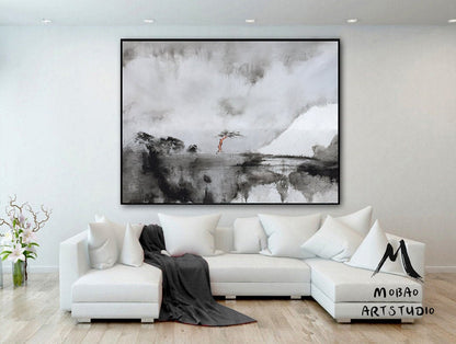 Large Abstract Painting On Canvas,White Painting Gray Painting Abstract Painting,Lagre Rural Landscape Painting,Abstract Art,Wall Art Decor