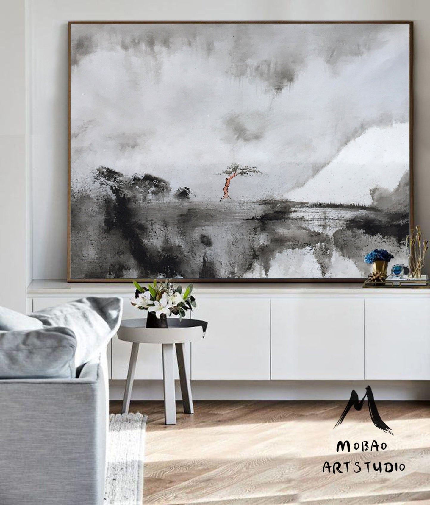 Large Abstract Painting On Canvas,White Painting Gray Painting Abstract Painting,Lagre Rural Landscape Painting,Abstract Art,Wall Art Decor