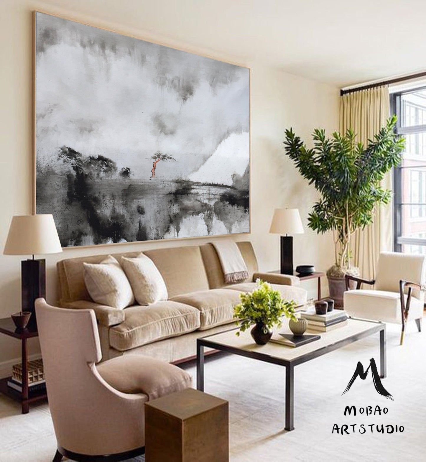 Large Abstract Painting On Canvas,White Painting Gray Painting Abstract Painting,Lagre Rural Landscape Painting,Abstract Art,Wall Art Decor