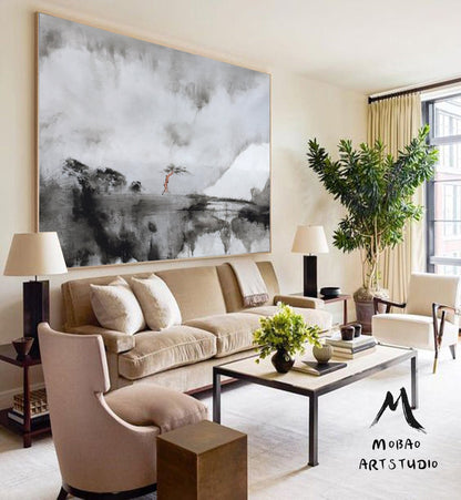 Large Abstract Painting On Canvas,White Painting Gray Painting Abstract Painting,Lagre Rural Landscape Painting,Abstract Art,Wall Art Decor