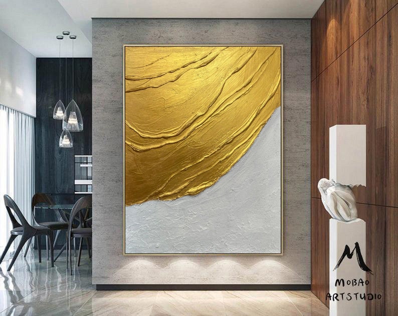 Large Gold Textured Painting White Minimalist Painting Large Gold Abstract Painting Large White Abstract Painting Modern Abstract Painting