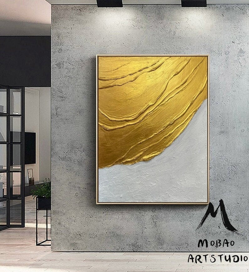 Large Gold Textured Painting White Minimalist Painting Large Gold Abstract Painting Large White Abstract Painting Modern Abstract Painting