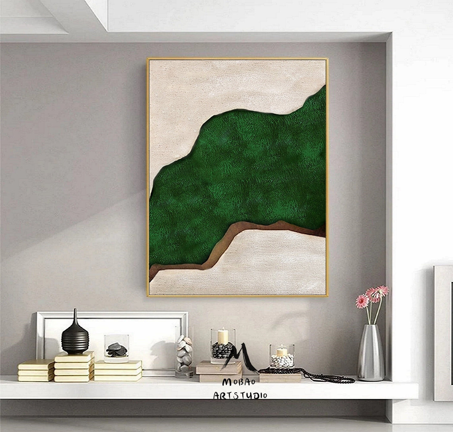Green Abstract Painting Boho Wall Art Green Wall Canvas Art Beige Painting Wabi Sabi Wall Art Green Minimalist Art Beige Minimalist Painting