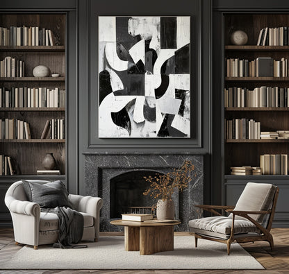 Large Black Wall Art Black And White Abstract Minimal Painting on Canvas Modern Textured Wall Art Contemporary Abstract Art for Living Room